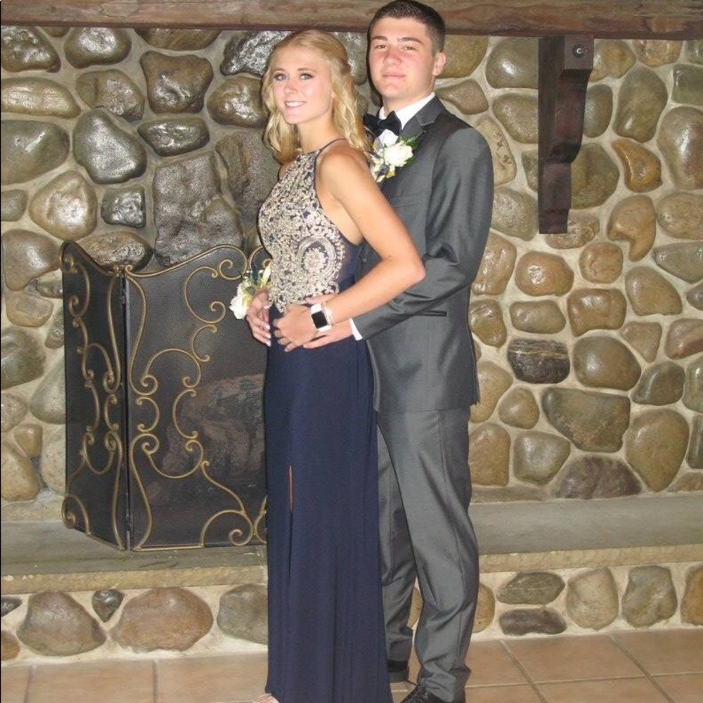 Girls Navy Blue and Gold Prom Dress